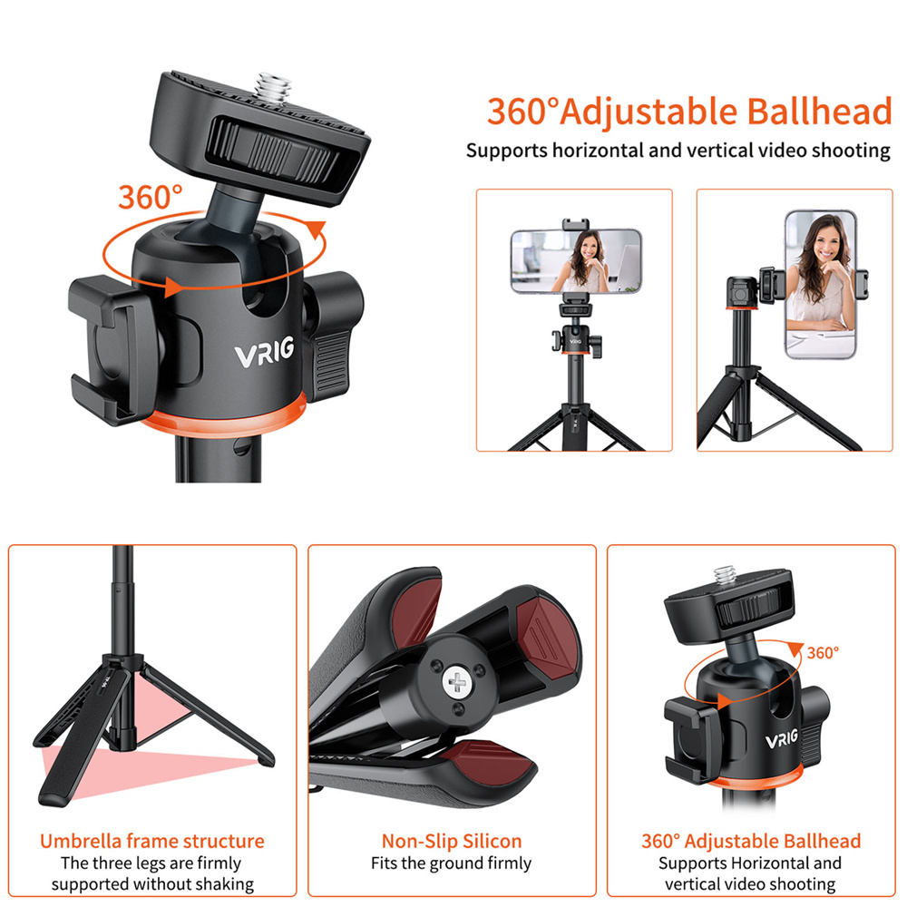 VRIG TP-06 trípode de teléfono con cámara de 4 secciones con cabezal esférico 360 zapato frío palo de Selfie trípode soporte para iPhone 15 14 13 12 cámara de teléfono