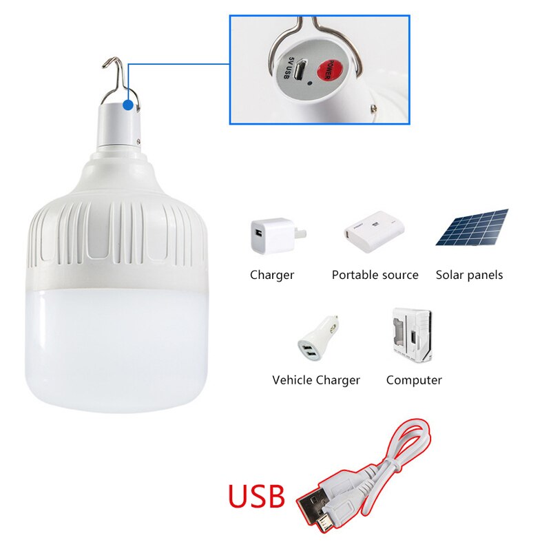 Usb nødlys 50w 40w 30w 20w ledet pære med krok 3 moduser dimbar oppladbar campinglampe til nattmarkedsfiske