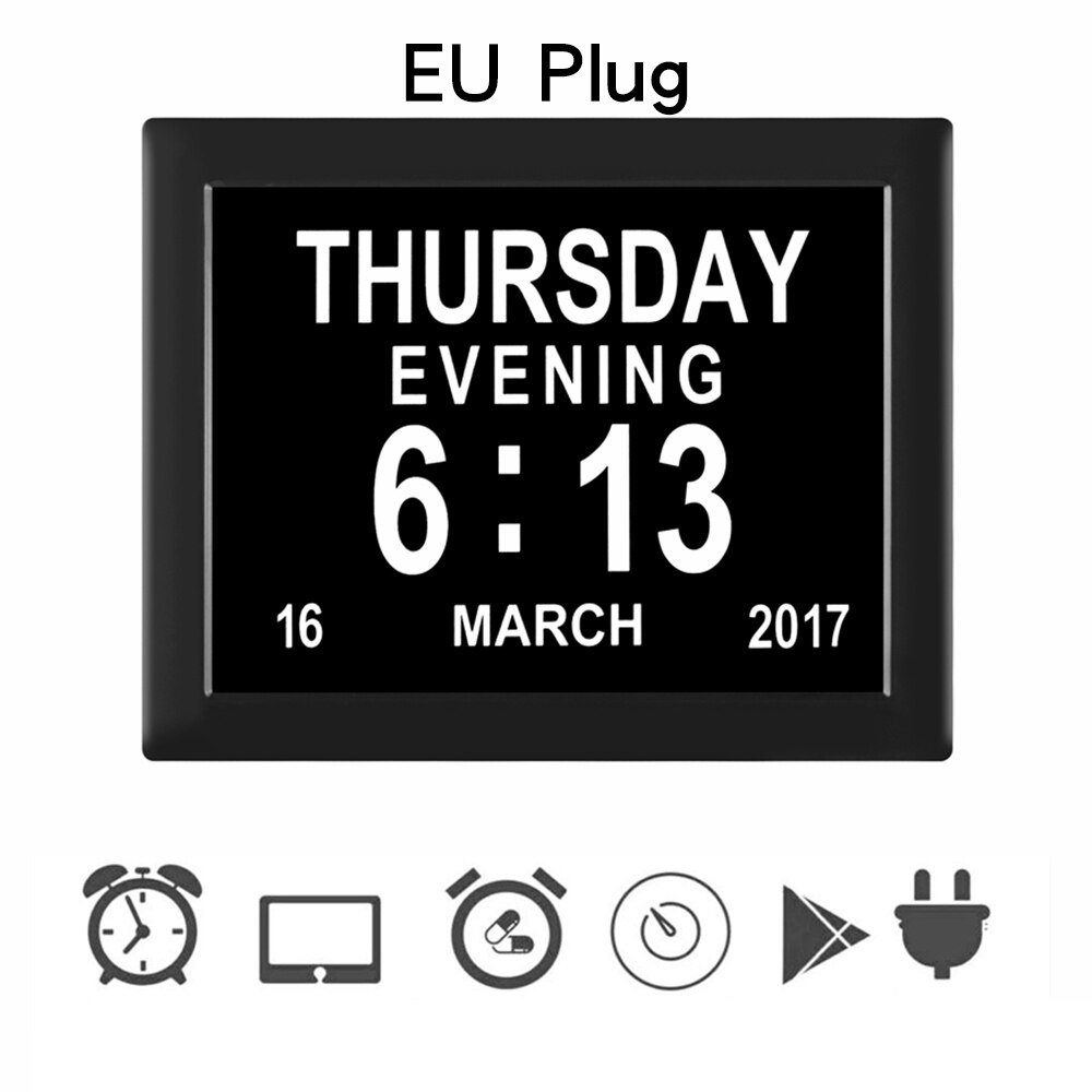 Digital kalenderklokkeramme for bilder musikkvideoer for eldre og pasienter 8 alarmalternativer og medisinpåminnelser: Svart eu-plugg