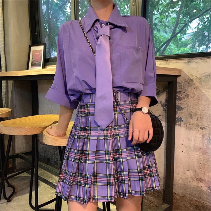 Uniforme JK Morado para mujer, ropa de calle de estilo Harajuku japonés, Falda plisada de talla grande para estudiantes escolares, ropa de Bar de Hip Hop