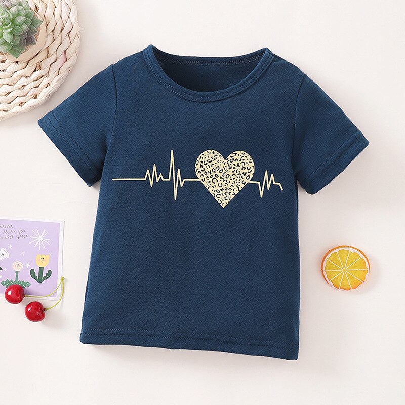 2022 Zomer Kinderen Casual Korte Mouw O Neck Print Hart Blue Baby Meisje Of Jongens T-shirt 0-2T