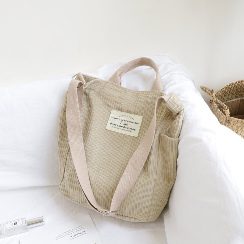 Høj kapacitet kvinder fløjlsbukser tote dame afslappet ensfarvet skuldertaske foldbar genanvendelig dame shopping strandtaske: Beige