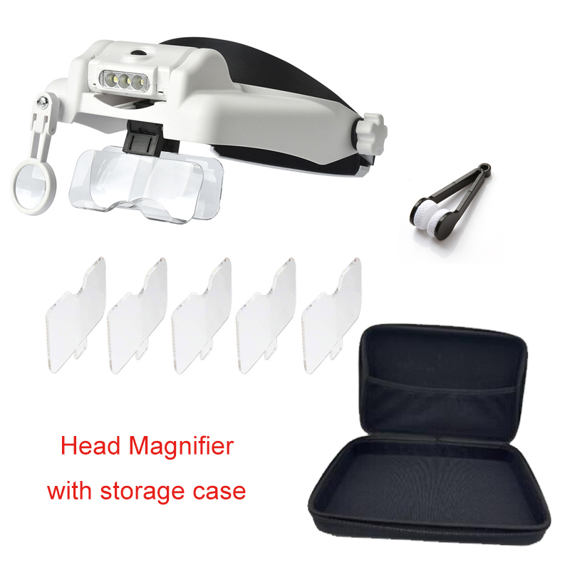 Headband Magnifier Multi-functional Loupe Led Head Mounted Magnifying Glass With 5 Replaceable Lenses Watchmaker Repair Tool: Blue