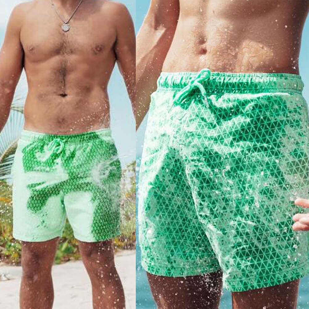 Men Quick Dry Lattices Drawstring Color Changing Beach Shorts Swimming Trunks changes with the change of temperature For Men