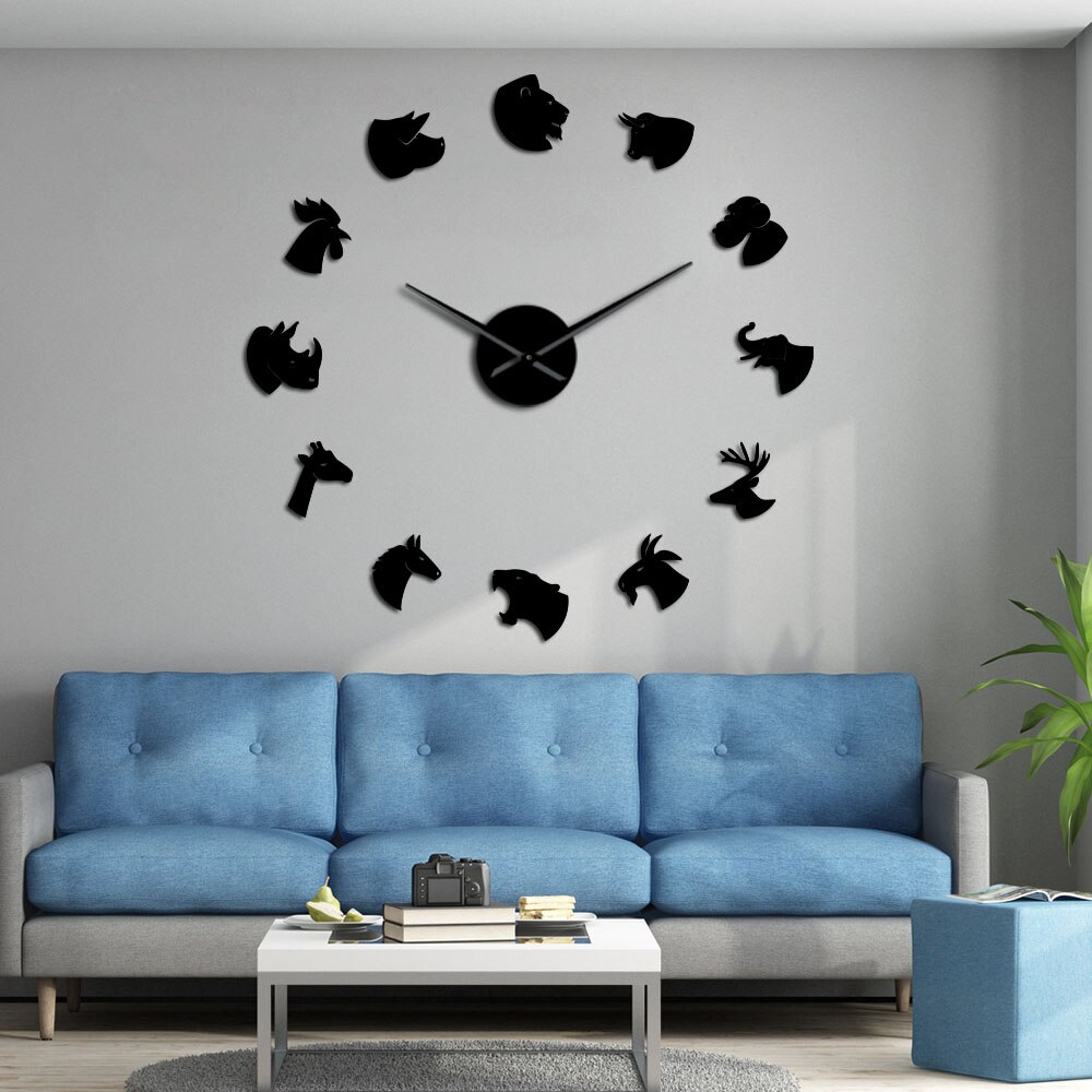 Zoo Animals DIY Large Frameless Mute Wall Clock Wildlife Mirror Stickers Safari Animal Heads Modern Living Room Decorative Watch