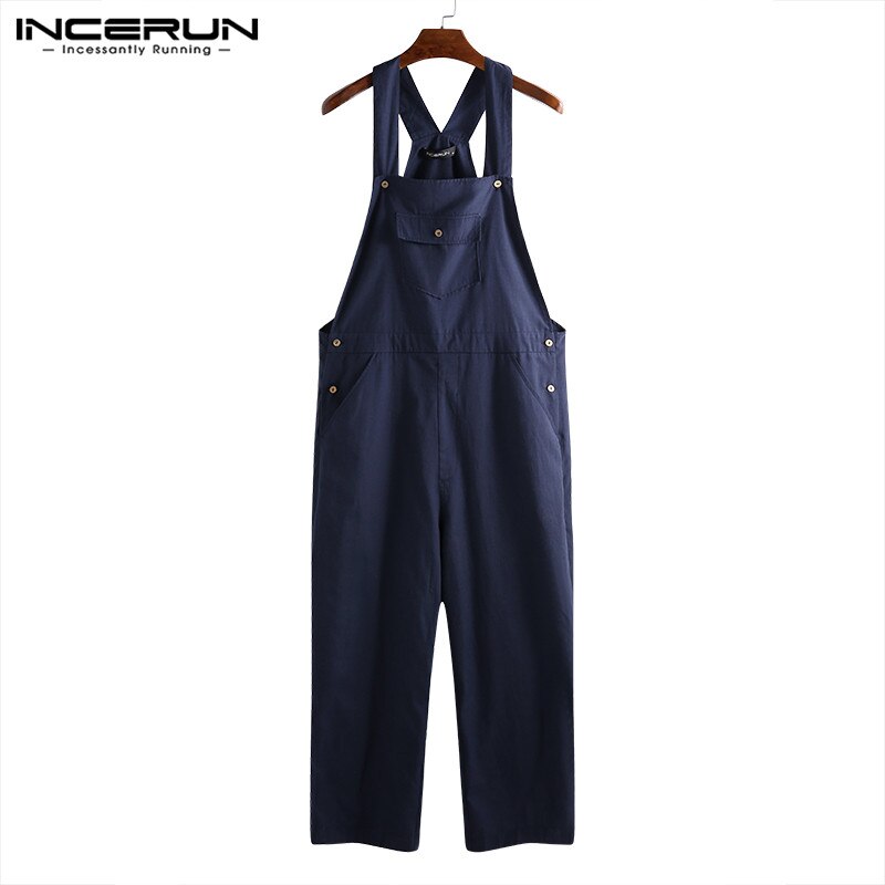 Men Jumpsuit Rompers Joggers Streetwear Solid Color Pants Pockets Loose Strap Suspenders Men Overalls Harajuku INCERUN 5XL: Navy / XXXL