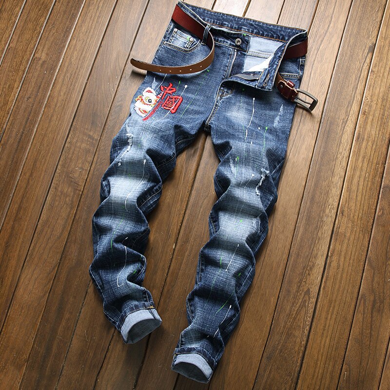 Pantalones vaqueros bordados para hombre, Jeans informales elásticos de pierna recta, ajustados, de , a la , primavera,