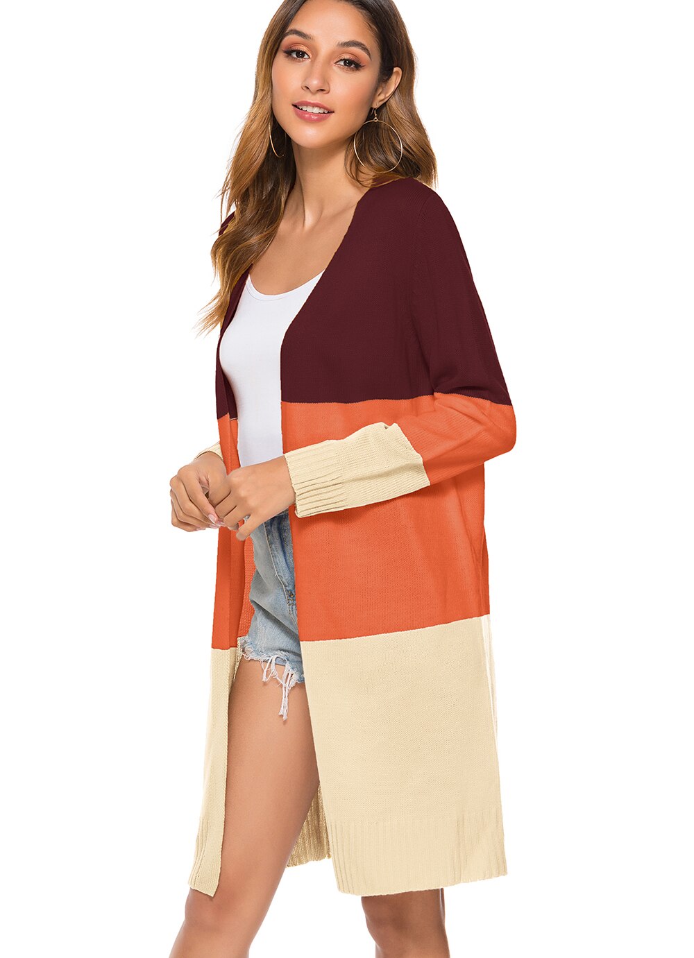 Womens Open Voorzijde Lange Trui Vesten Boho Lange Mouw Kleur Blok Gebreide Lichtgewicht Kimono Stofdoek Jassen