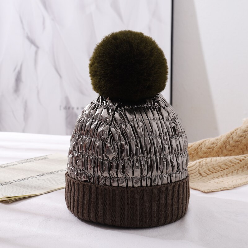 Cntang hoed voor dames, warme wintermutsen, donsmutsen, imitatie konijnenbont pompon, reflecterende mutsen, dames casual pet: Legergroen