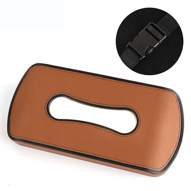 Caja de pañuelos de cuero PU para coche, soporte para visera solar, reposabrazos, colgante, tipo bloque, almacenamiento de servilletas de asiento, color negro y Beige, 1 unidad: Brown-Elastic-band