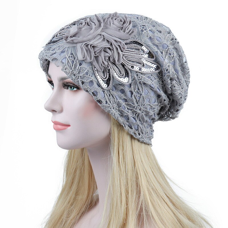 Gorro de encaje de flores para mujer, gorros ahuecados, informales, cómodos, bonito: Gris