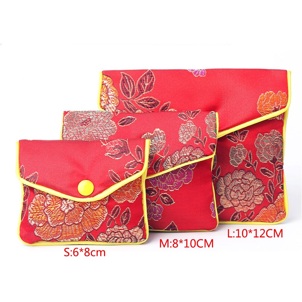 Gorąca sprzedaż chiński brokat ręcznie jedwabny haft wyściełany zamek mała biżuteria prezent pokrowiec torba Snap Case Satin Coin torebka: red / M 8x10cm