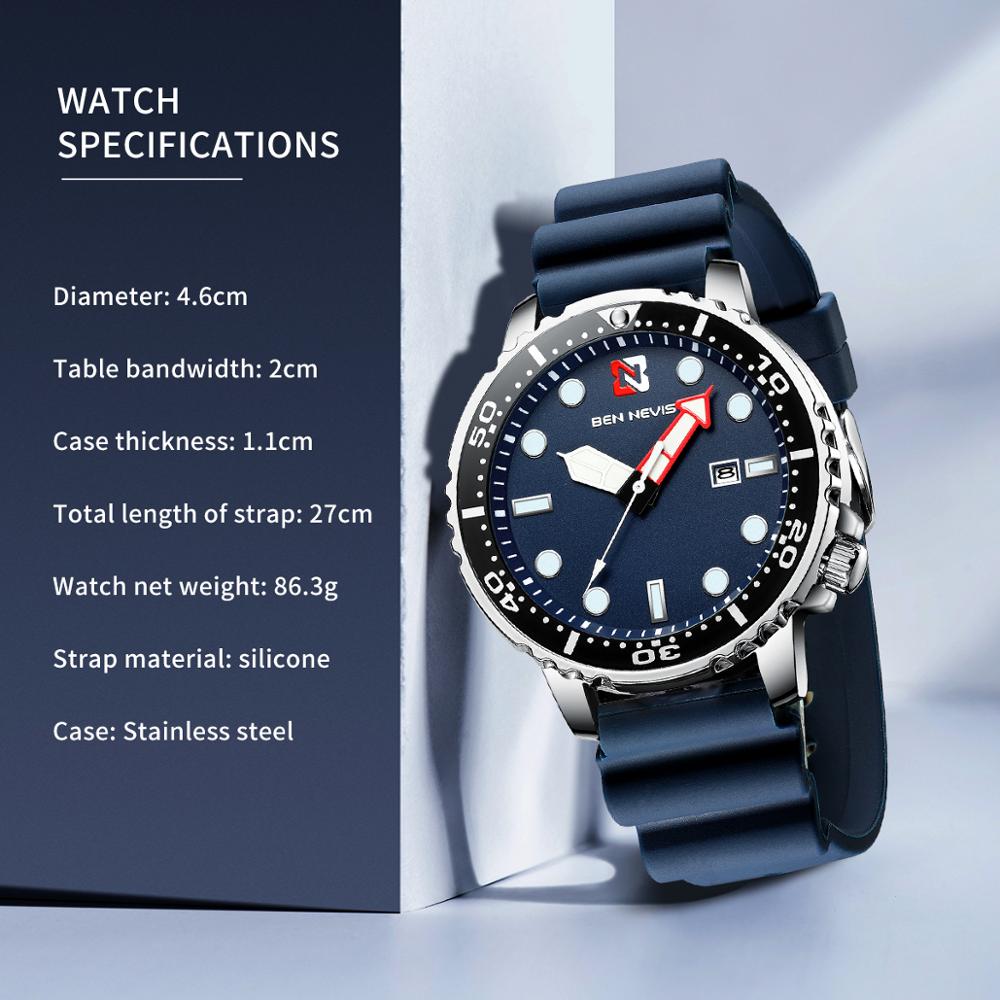 BEN NEVIS-reloj deportivo de lujo para hombre, de cuarzo, resistente al agua, con fecha de silicona, luminoso, caja de