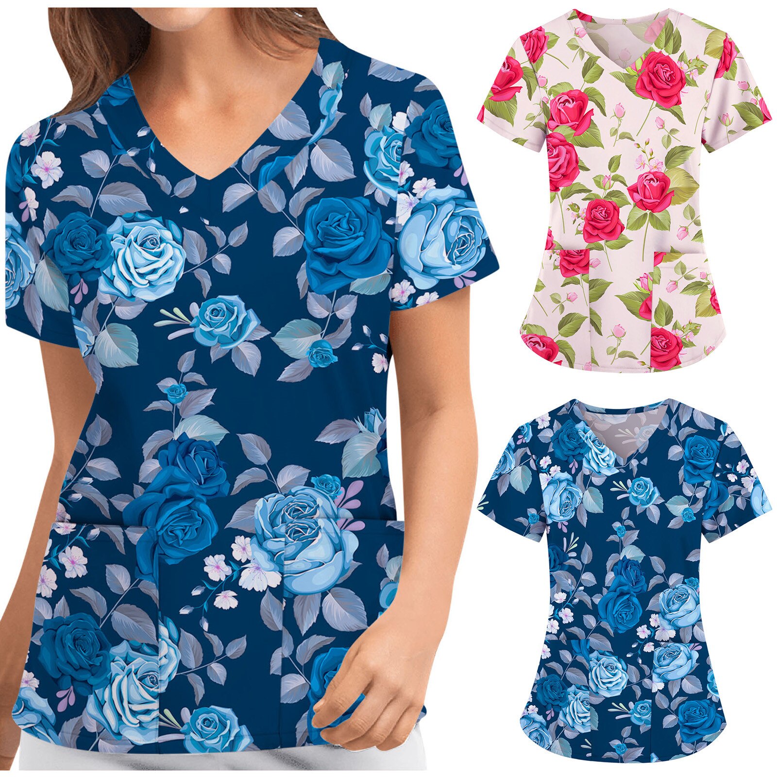Nurse Uniform Women Floral Rose Print Working Uniform Summer Casual Working Scrubs Tops uniforme enfermera mujer A40