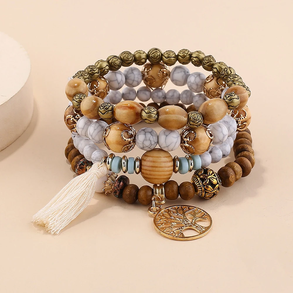 4 Teile/satz Boho Holz Perlen Armbinde einstellen Für Frauen Baum Des Lebens Weiß Quasten Charme Elastische Kette Armreif Dame Böhmen Schmuck