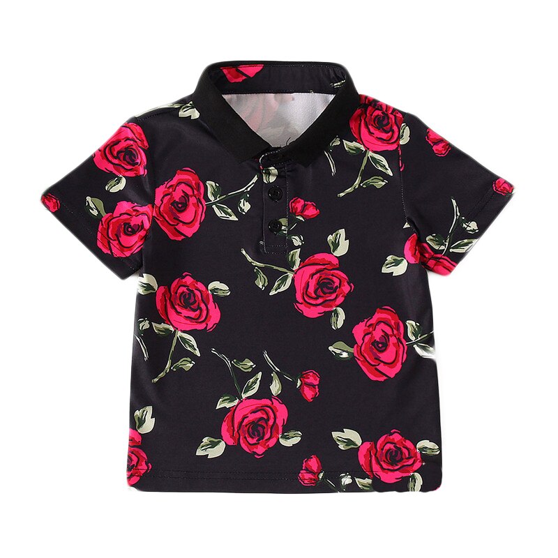 Laatste Mode Jongens Peuter Gedrukt T-shirt Rose Bloemen Patroon Revers Hals Korte Tops