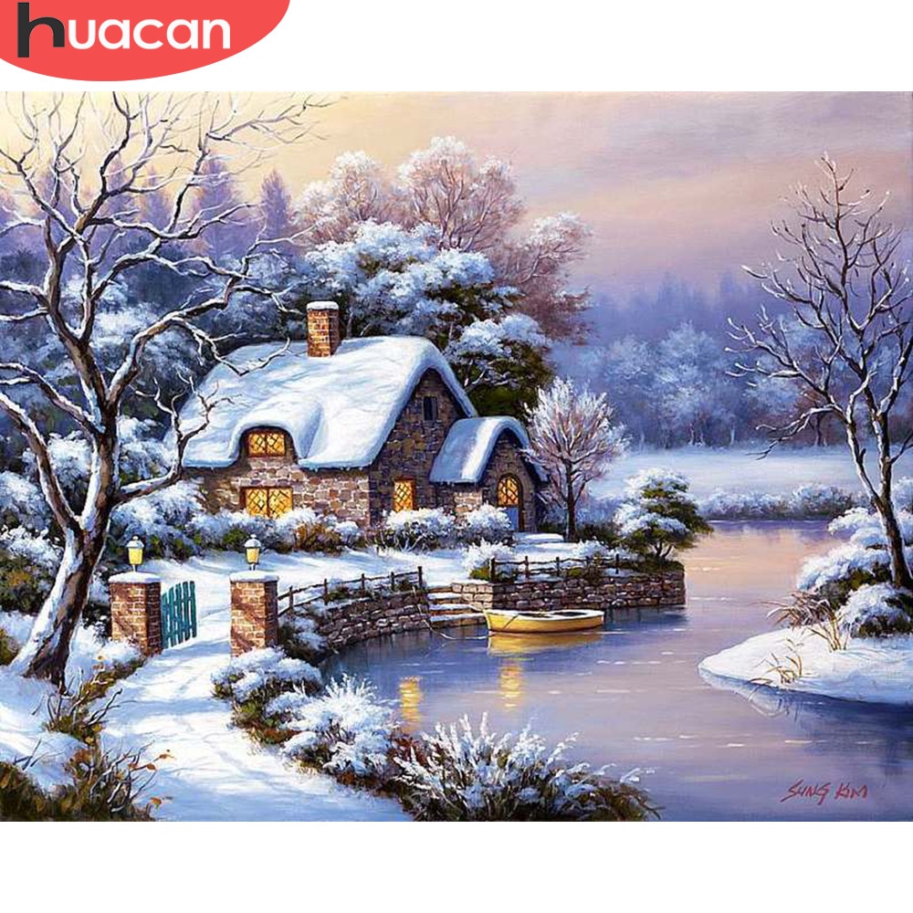 Huacan Kruissteek Borduren Winter Landschap Katoenen Draad Schilderen Diy Handwerkpakketten 14CT Winter Home Decoratie