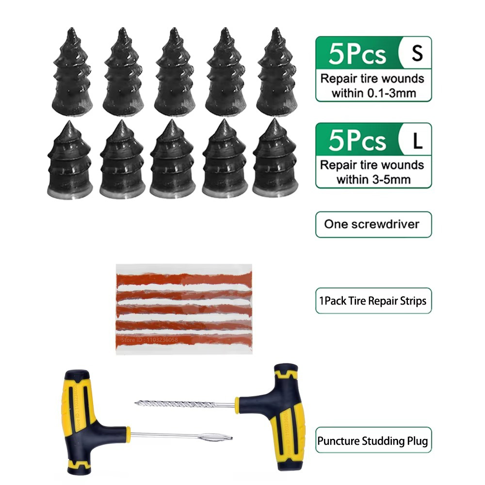 PWS-Kit de herramientas de reparación de neumáticos de coche, Kit de reparación de pinchazos de neumáticos sin cámara de goma, herramienta de tachuelas para bicicleta, juego de reparación de neumáticos de motocicleta