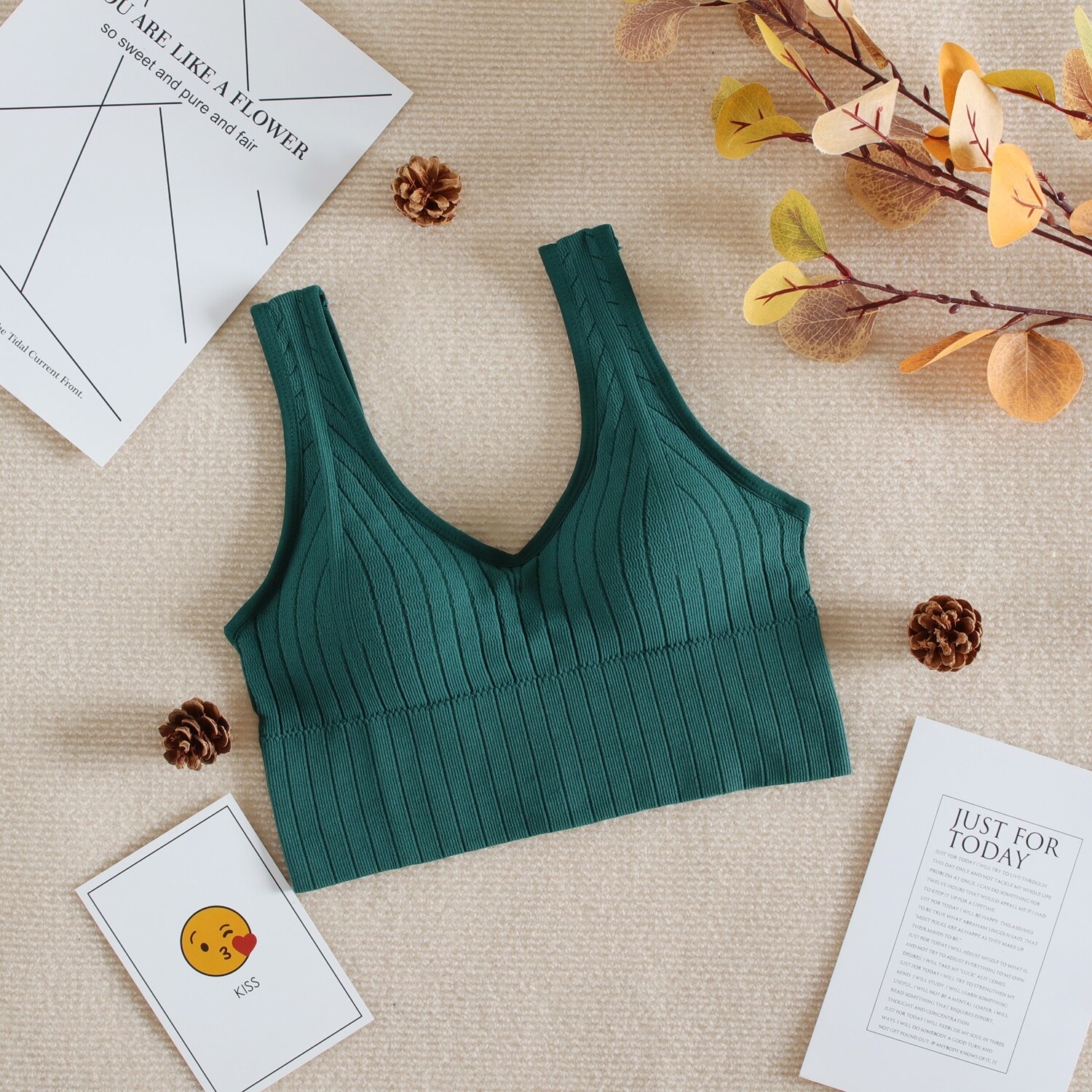 Seamless Padded Crop Top Women Bra Sports One-Piece Tube Top Underwear Striped Wireless Lingerie: green top