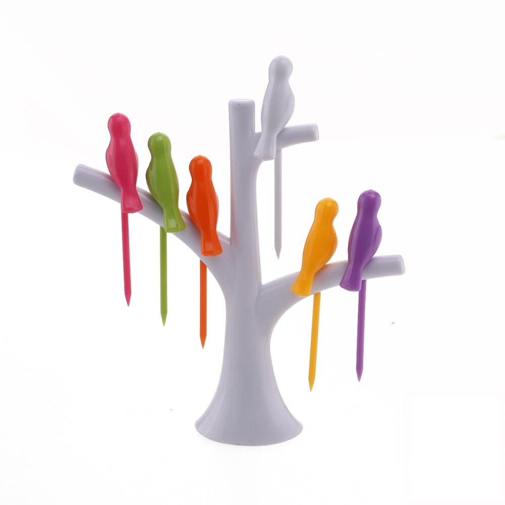 Tree and Bird Shaped Plastic Toothpick Fruit Fork (White)