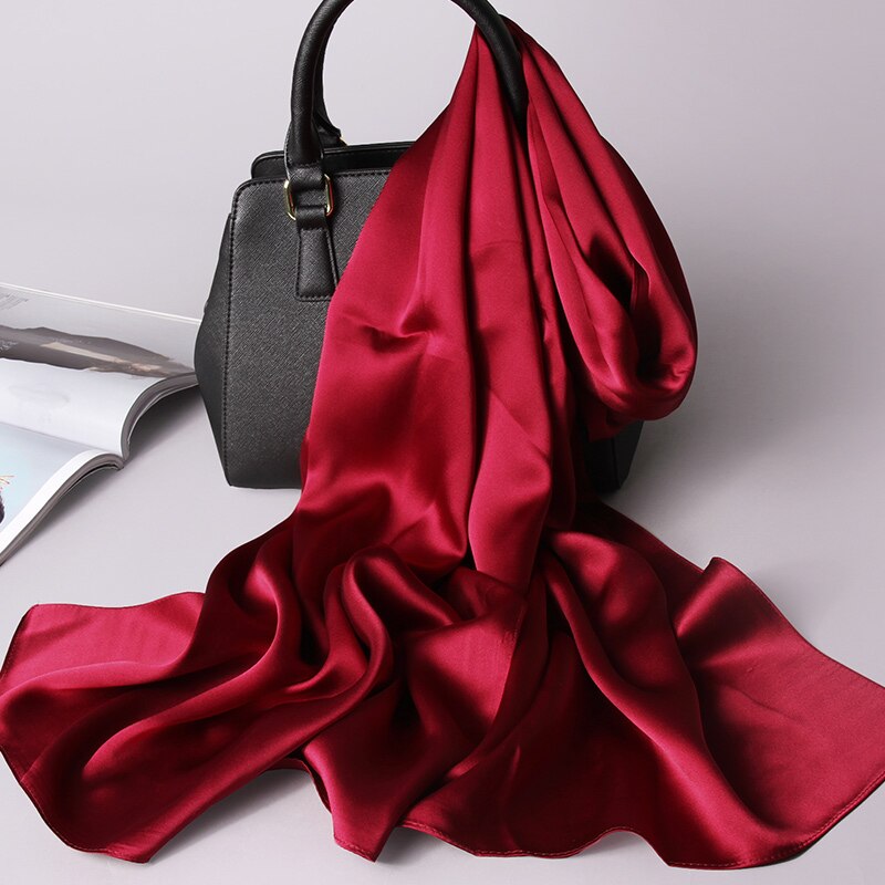 Natuurlijke Echte 100% Zijden Sjaal Vrouwen Luxe Zijde Sjaals Wraps Solid Pure Zijde Satijn Lange Sjaals Hijaabs 175x55cm: Dark Red