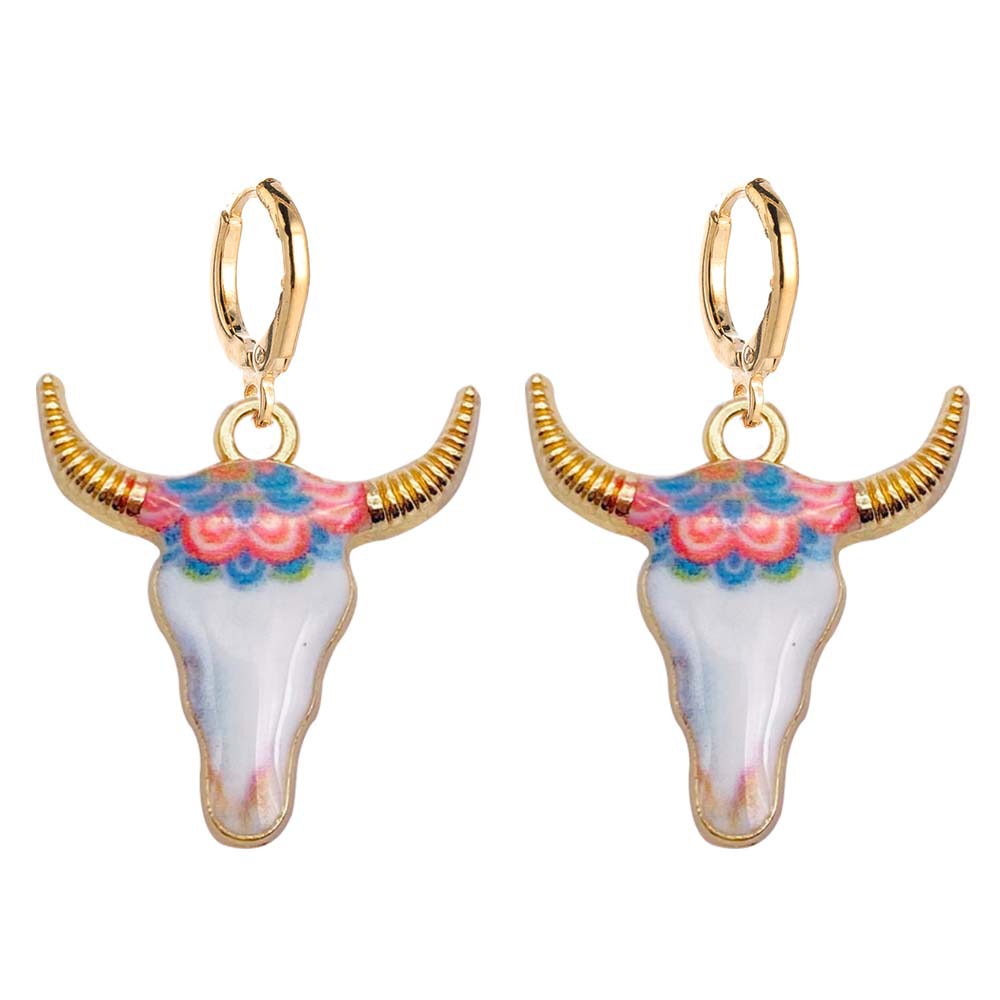Pendientes de cabeza de toro esmaltados coloridos, vaquera occidental, pendientes colgantes de aleación, joyería: Color oro puro
