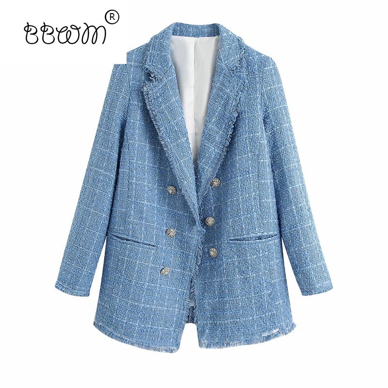 Stijlvolle chique blauwe sieraden dubbelrijs tweedjas dames omslagkraag jas vrouwelijke chique bovenkleding
