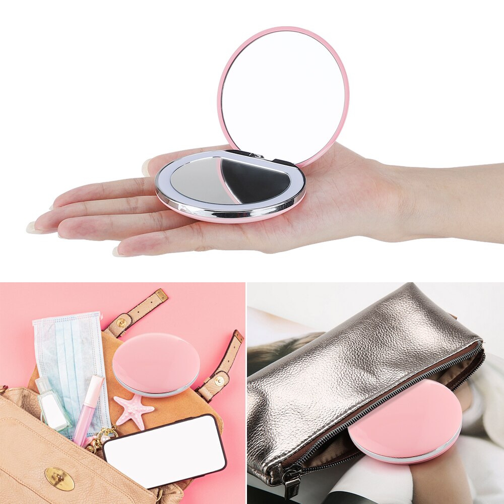 Pocket Compacte Spiegel Met Licht Rond Voor Make-Up Tas Led Maquillage 3 Dimbare Helderheid Travel Usb Oplaadbare Kleine Tool
