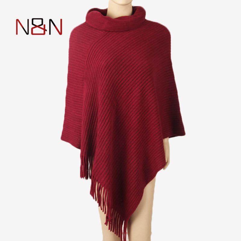 Vinter stickad tröja dam lång poncho och capes tjocka varma pullovers solid tofs fladdermus ärm tunna tröjor