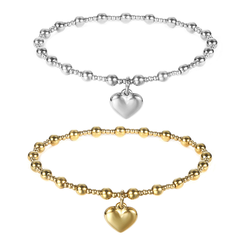 Impermeabile non sbiadisce metallo gioielli in acciaio inossidabile ragazza festa durevole solido perline rotonde braccialetto di elasticità a forma di cuore liscio