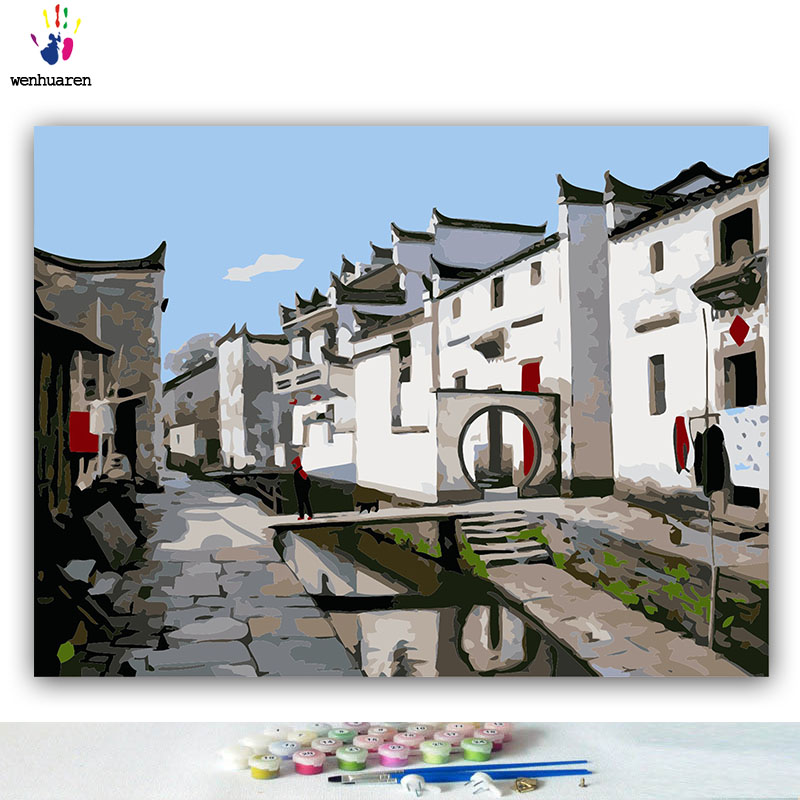 Bricolage colorations photos par numéros avec des couleurs Jiangnan eau ville style chinois image dessin peinture par numéros encadré maison: 7556 / 40x50 no frame