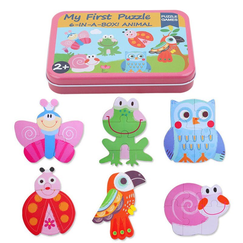 Peuter Baby Vroege Educatief Speelgoed Houten Dier Puzzels 6 Stuks In 1 Ijzeren Doos: Animal 2