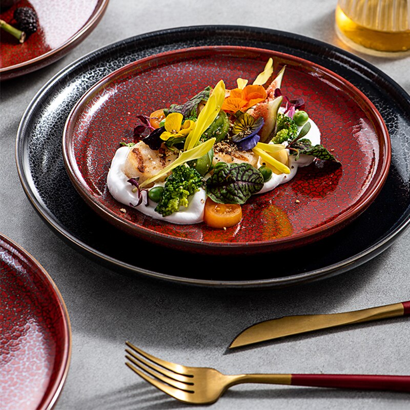 Red black ceramic plate set Kitchen restaurant party steak plate Dinner dish salad spaghetti Microwave trays can be used