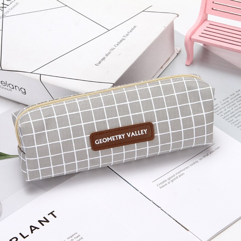 1pcs Canvas Geometric Pencil Case School Color Cute Kawaii Simple Striped Grid Solid Pencil Bag Pouch Students Office Supplies: 294