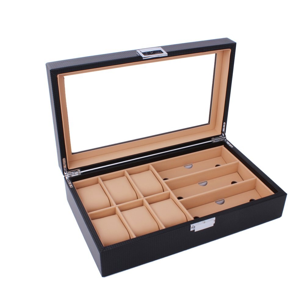 Houten/Lederen 8/10/12 Grids Display Sunglass Case Duurzaam Houder Sieraden Horloge Collection Organizer Box Container: WT840100