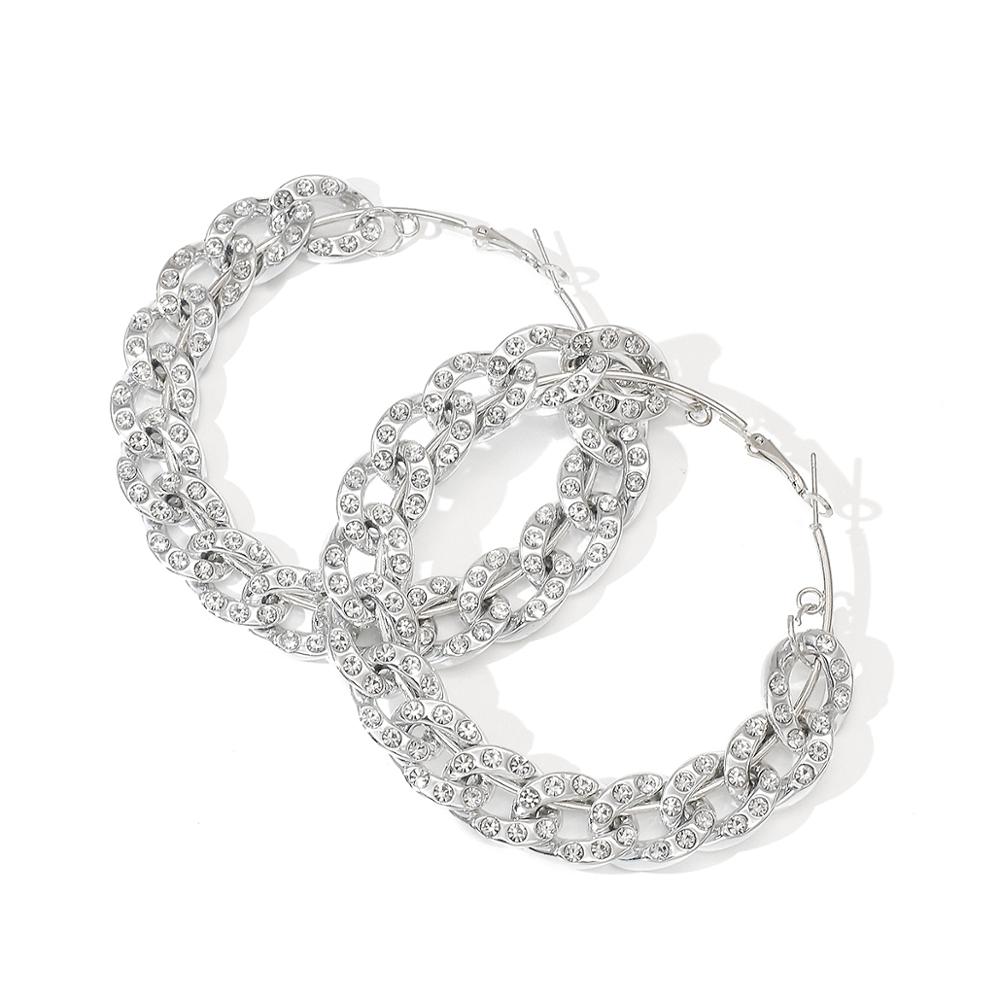 AMORCOME Rhinestone Chain Hoop Earrings For Women Big Circle Round Earrings Brincos Female Statement Jewelry: M Silver