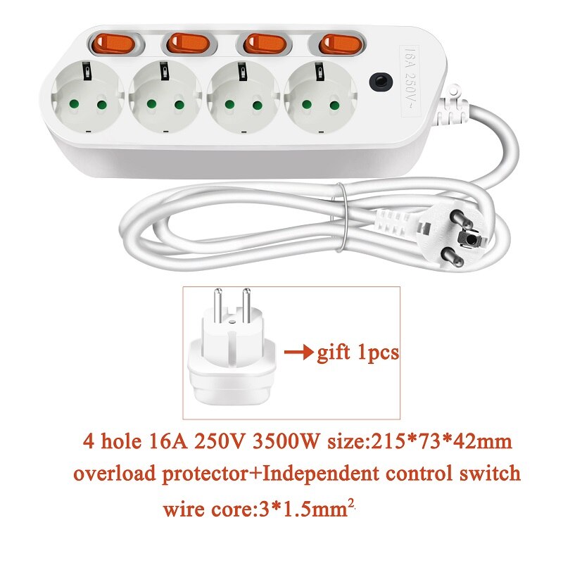 EU PLUG 1.5/2.5m 2/3/6 Extension Socket 250V 10A/16A Individually Switched Power Strip 3AC 2USB Outlets Charger Adapter Socket: EU PLUG L2.5M / 4 SOCKET NO USB