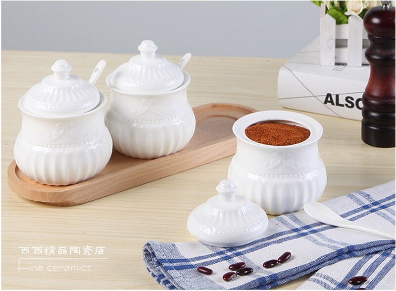 Tazón de azúcar de porcelana en relieve blanco liso con cuchara, contenedor de azúcar, tarro de azúcar, dispensador de azúcar de cerámica, tarro de sucrier con cuchara