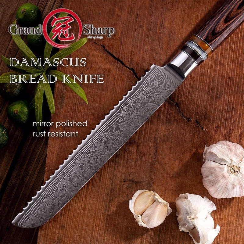 Grandsharp damaskus køkkenknive  vg10 japansk damaskus stål brødkniv kage skiver bageriværktøjer tagget rustfri damascu