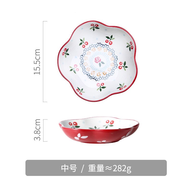 Ceramic dinner plates Hand-Painted Plate Cherry Lace Ceramic Service Plate Household Dish Fruit Salad Dish Snack Flower CakeTray: M