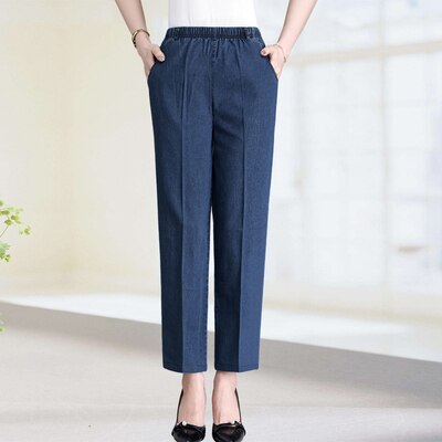 Pantalones vaqueros de mediana edad para mujer, Jeans femeninos de cintura elástica con bordado de nueve, de talla grande, holgados y rectos, informales, primavera y otoño: Navy blue BB / 5 XL