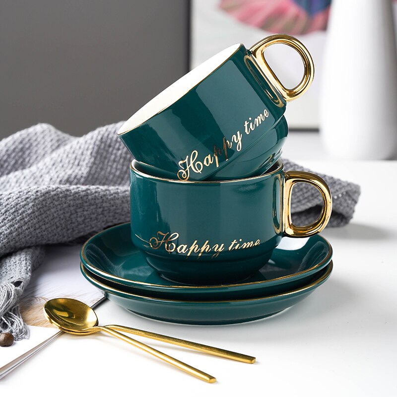 Simple Ceramic Cup Coffee Modern Gold Rim Light Luxury Turkish Coffee Cups with Spoon Tazas De Cafe Home Garden BE50CP