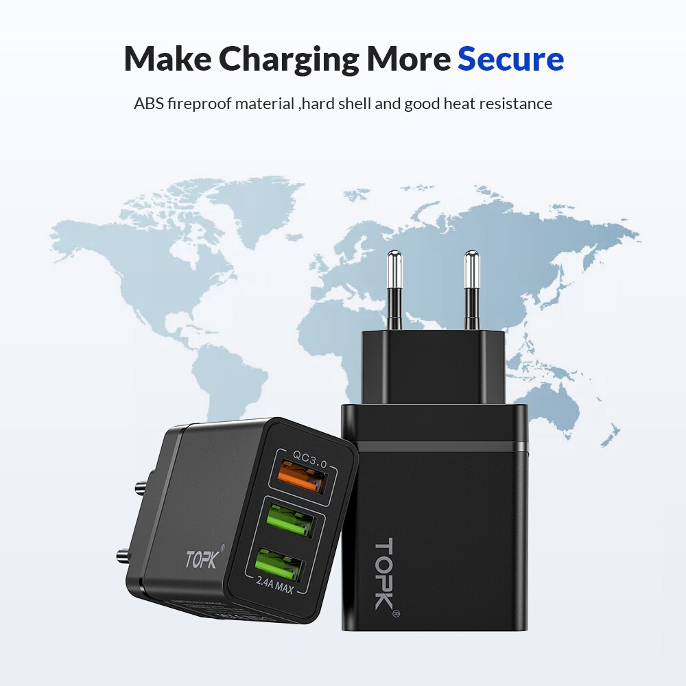 TOPK B348Q USB Quick Charge 3.0 With 3 Ports EU Wall Charger Fast Charging For iPhone Samsung Xiaomi