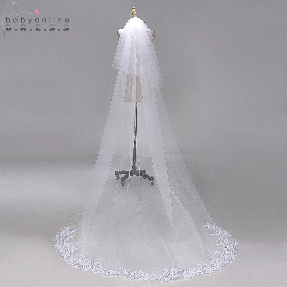 Voile Mariage 3M Pailletten Lace Edge Kathedraal Lange Wedding Veil Met Kam Twee Lagen Gezicht Bedekt Tule Bruidssluier veu De Noiva