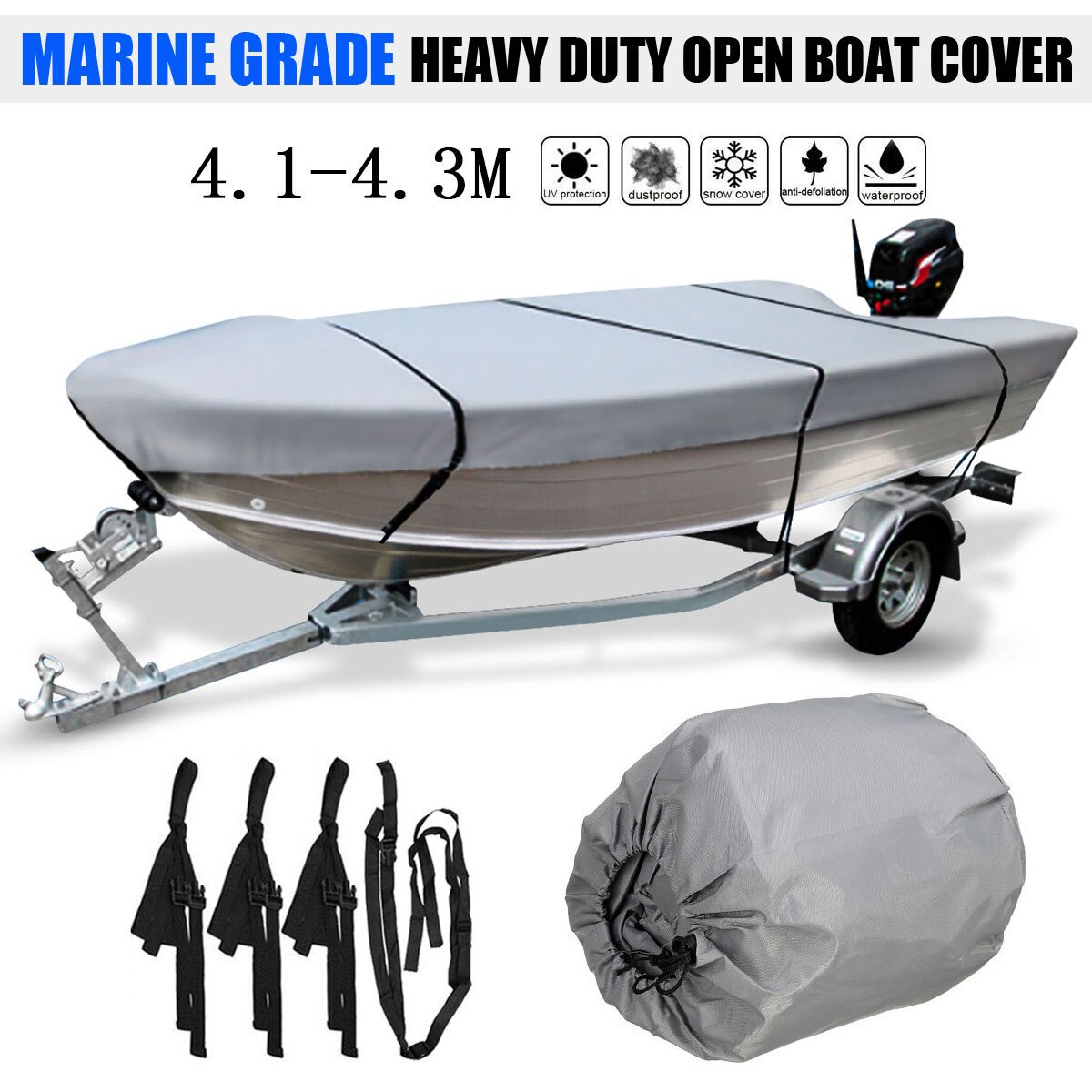 210D Heavy Duty Grey Open Boat Cover Trailerable Fishing Ski Runabout Waterproof Anti UV V-Hull Marine Canvas Cover 3.5-4.5M: 490x240cm