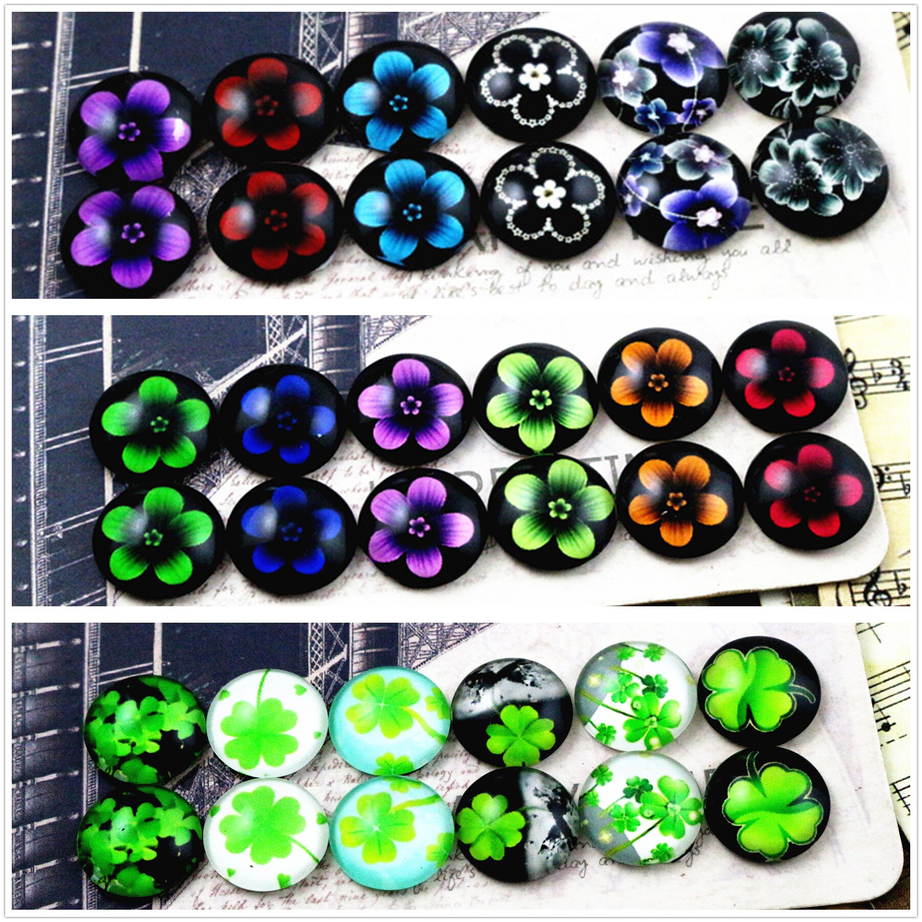 12 kpl/erä (yksi setti) neljä tyyliä 12mm apila viiden lehden kukkia käsintehty lasi cabochons kuvio kupu koruja tarvikkeet tarvikkeet