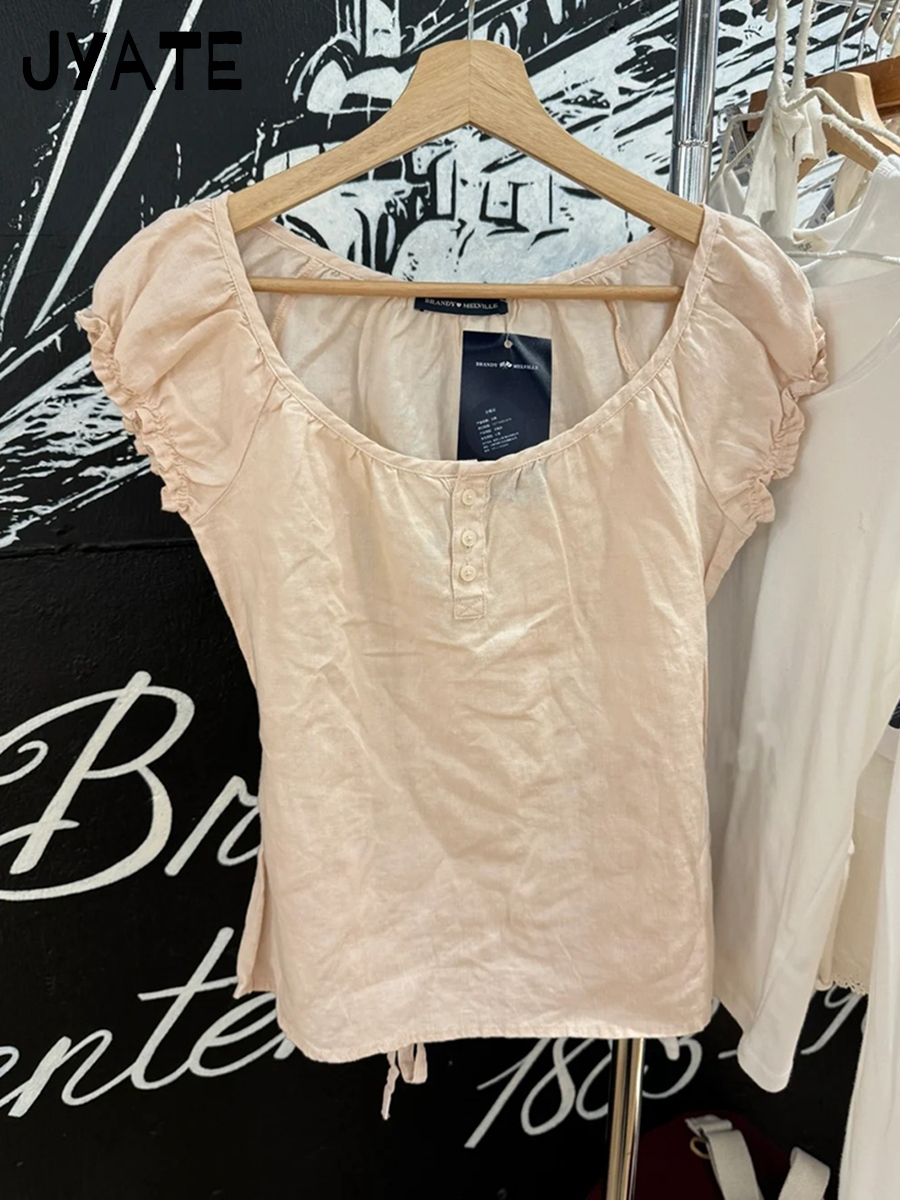 Gule t-shirts med snøre og flæseærmer til kvinder, sommer, enkle, afslappede, hør-bomuld, u-hals, knapper, søde, preppy-stil t-shirts: Lyserød