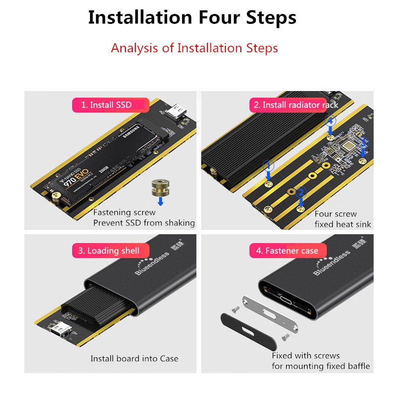 PCIE M.2 NVME SSD Enclosure Support M Key Type C USB3.1 2240/2280 SSD Case Full Aluminum External Box for Solid disk