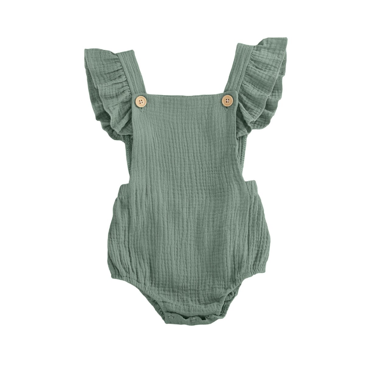 Baby meisjes romper van katoen linnen effen ruches mouw rechthoekige hals zijkant grote zakken outfit geplooide knoopsluiting jumpsuit: Groente / 12m