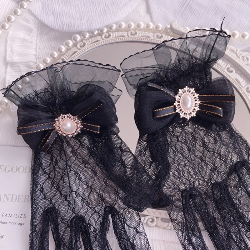 Japanese Soft Girl Black White Lace Gloves Girl gothic Lolita Mesh Bow Flower Lace Gloves Sweet Wristband Maid Cosplay Jewelry: Red